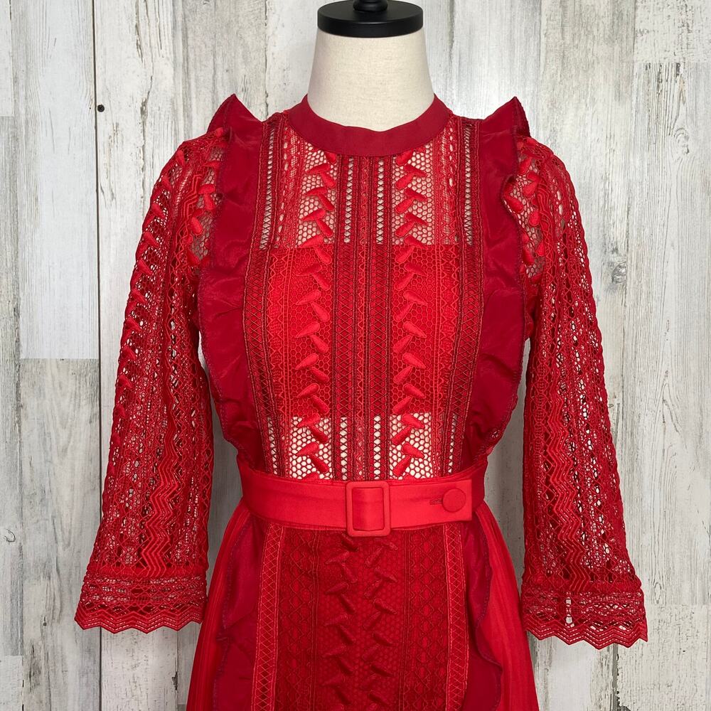 NWT Self-Portrait Red Geometric Lace Dress Guipure Crochet Preppy Twee Size 2 - Picture 5 of 16